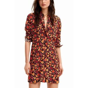 Desigual Short Floral Print Shirt Dress in Black Orange Size L